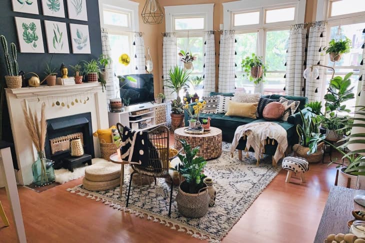 bohemian living room blue sofa